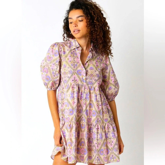 OLIVACEOUS Freya Floral Collared Tiered Dress in Lavender Multi Floral - Picture 1 of 12
